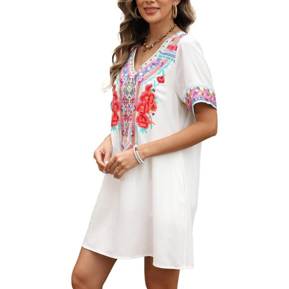 Mexican Boho Dress Women Cotton Short Sleeve Pockets Fiesta Summer Plus Size - Picture 4 of 5